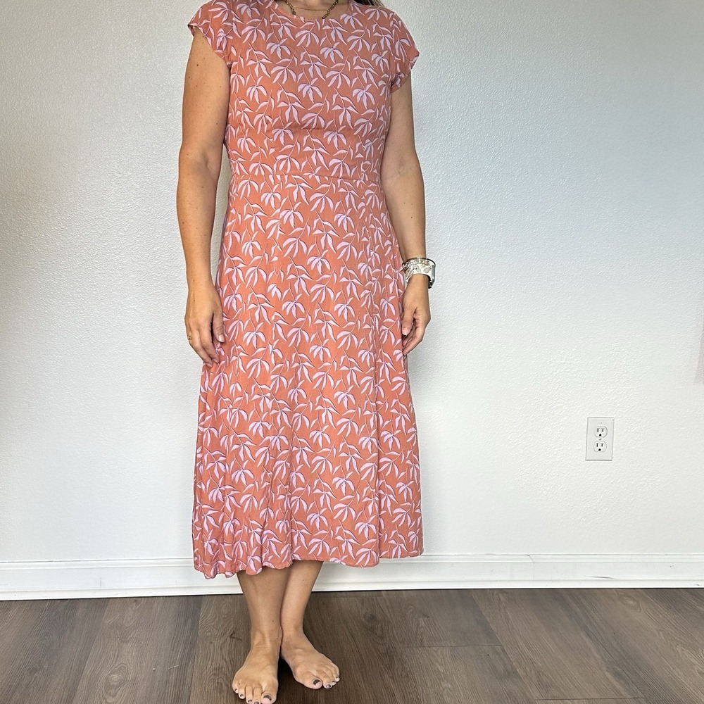 Bohme Floral Short Sleeve Midi Dress Size Medium Coral Orange‎ Lightweight Smock